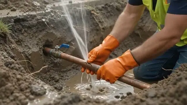Burst Copper Water Line Spraying In Trench shown for Burst & Broken Pipe Repair in Dallas, GA in Dallas, Georgia.