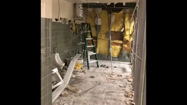Demolished Commercial Restroom Before Remodel shown for Commercial Plumbing in Dallas, GA in Dallas, Georgia.