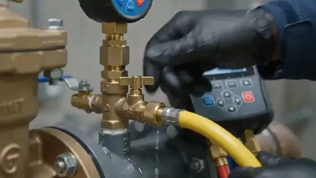 Digital Pressure Test On Backflow Assembly shown for Slab Leak or Something Else? What Dallas, GA's Clay Soil Actually Does in Dallas, Georgia.