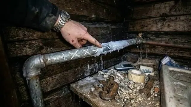 Inspecting Frost Damaged Metal Pipe shown for What Size Water Heater Does a Dallas, GA Household Actually Need? in Dallas, Georgia.