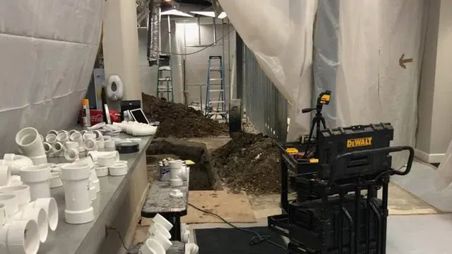 Restroom Remodel Work Zone With PVC Fittings shown for Commercial Plumbing in Dallas, GA in Dallas, Georgia.