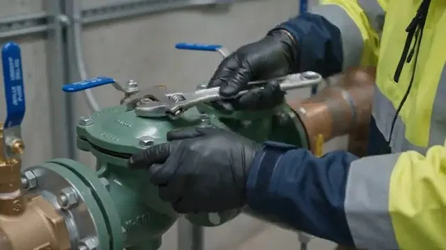 Technician Servicing Green Backflow Valve shown for Plumbing services in Dallas, GA in Dallas, Georgia.