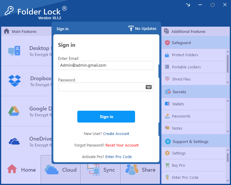 Folder Lock sign in interface screenshot