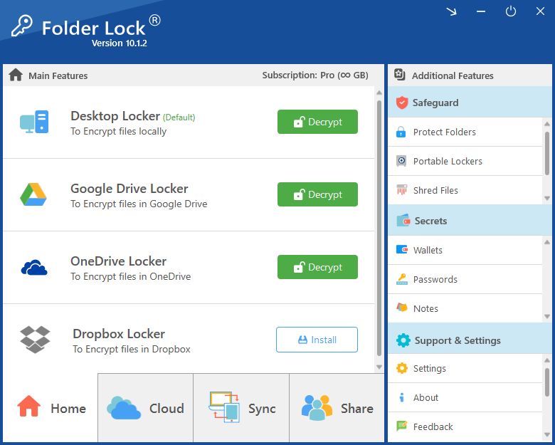 Folder Lock main dashboard with desktop, Google Drive, OneDrive, and Dropbox lockers